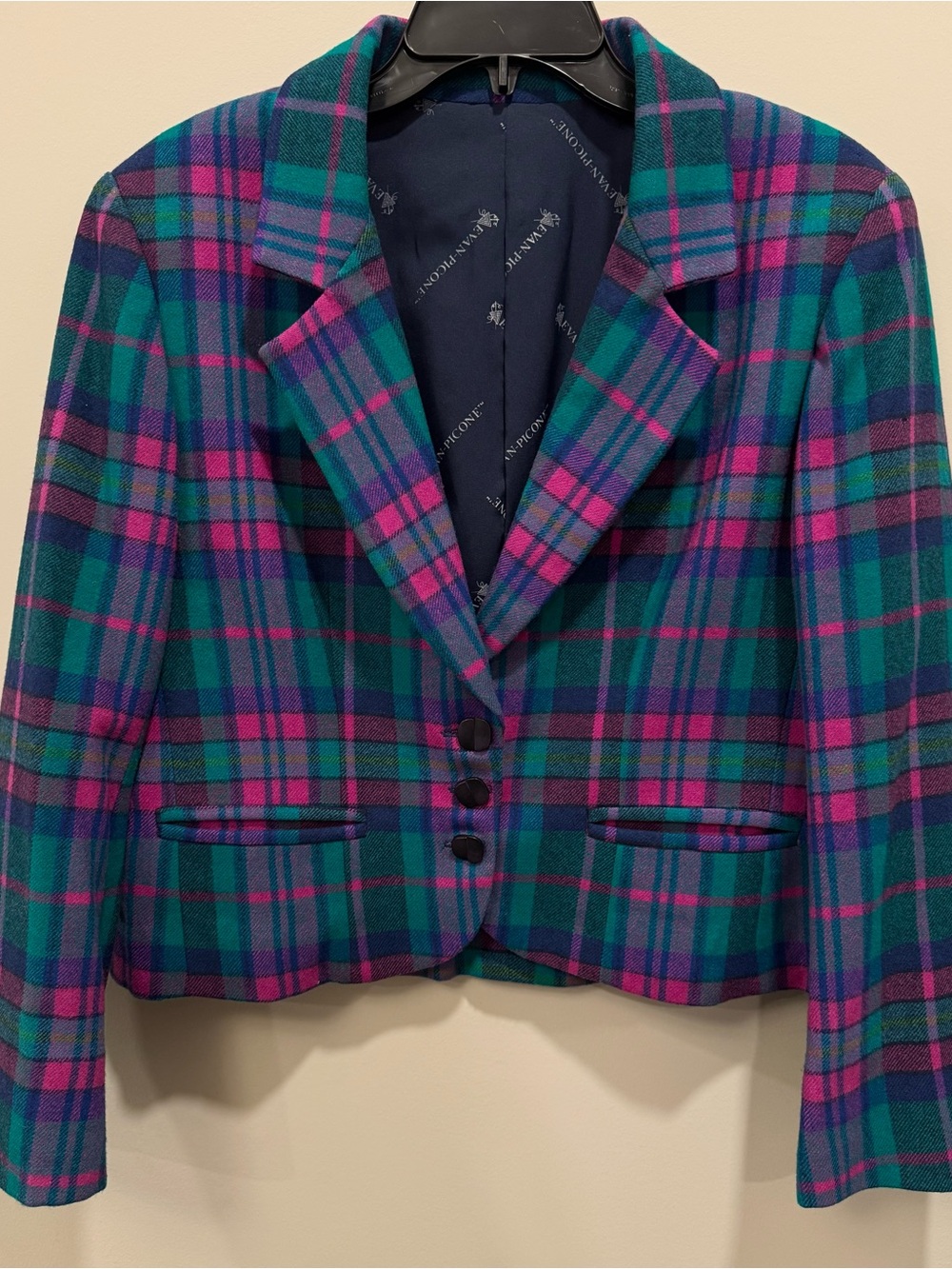 Vintage Evan-Picone Plaid Cropped Blazer Jacket Teal Magenta Navy Womens Size M